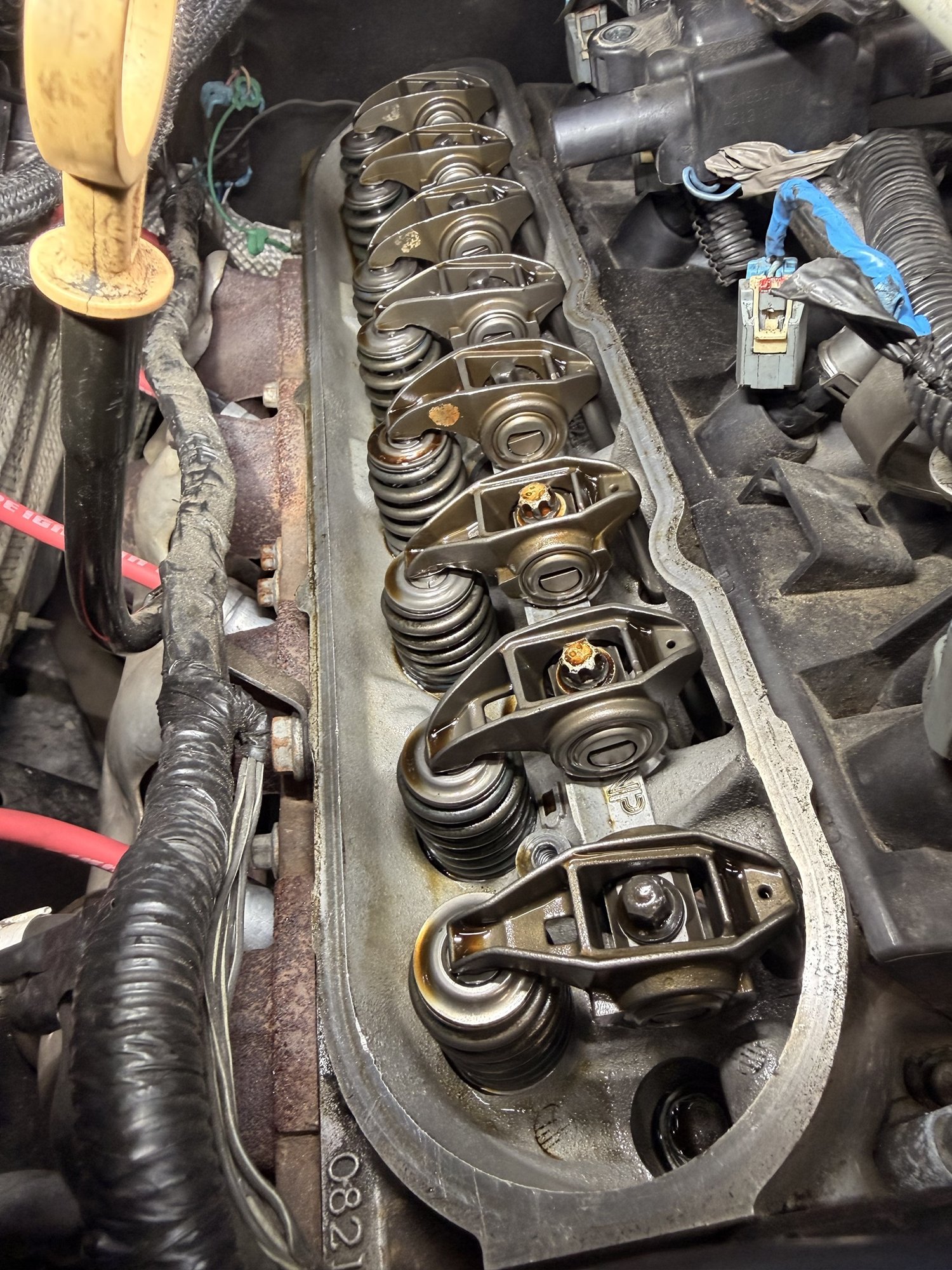 Close-up of an engine valve-train during a rebuild