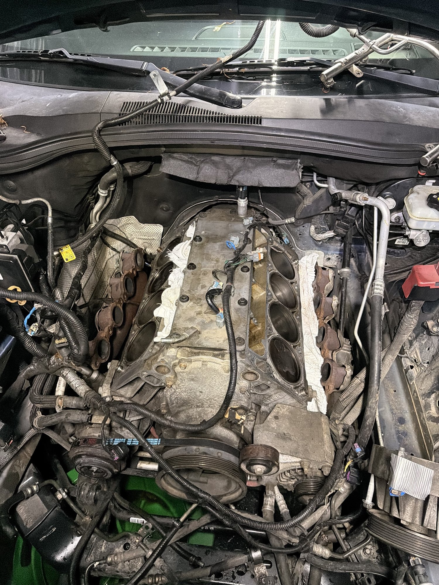 Engine with the cylinder heads off during a repair